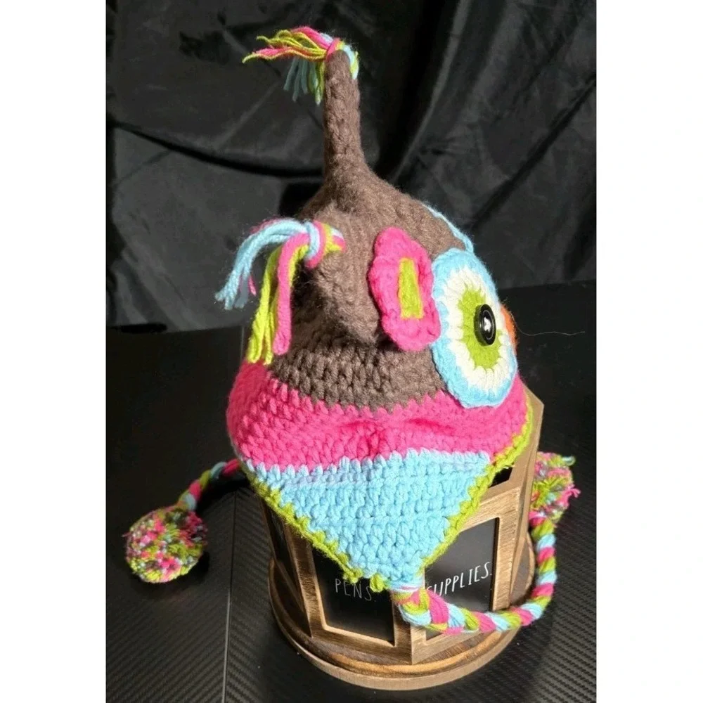 Hand Crocheted Owl Infant Cap Beanie Braided Ear Flaps Button‎ Eyes Toddler